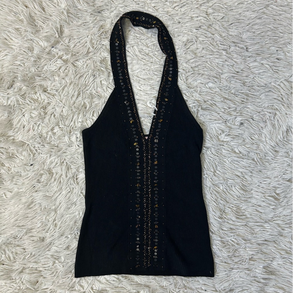 ◾️Vintage Y2K Papaya Halter Neck Embellished Ribbed V Neck Top - Picture 2 of 8